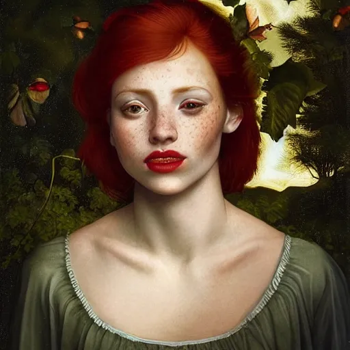 Prompt: a highly detailed digital painting of a red haired young woman, by night among golden fireflies and nature, backlit, deep green eyes, hint of freckles, round gentle face, cheeky smile with red lips, deep focus, smooth, sharp, golden ratio, elegant, art by artemisia lomi gentileschi, caravaggio, greg rutkowski