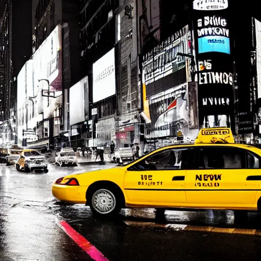 Prompt: « a man walking in a night raining streets, new york, big city, taxi, yellow cars, shops one the side with neons »