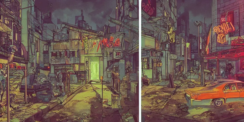 Prompt: full page comic book drawings of disturbing nightclub urbex scenes, urban hell on a hot summer night, neon color palette, by carel willink and gregory crewdson, moebious, jean giraud, comic book panels, octane render