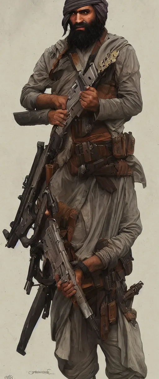 Image similar to male cottagecore taliban leader holding a kalashnikov rifle. intricate, elegant. highly detailed, digital painting, artstation, concept art, smooth, sharp, focus, illustration.. art by artgerm and greg rutkowski and alphonse mucha