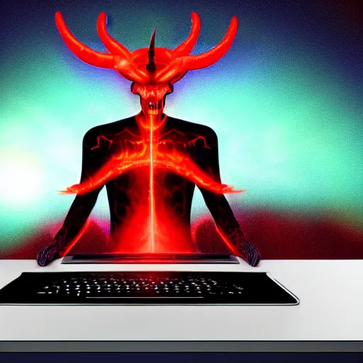 Image similar to a demon programmer using a laptop ~ evil smile ~ lava background ~ digital art ~ two horns ~