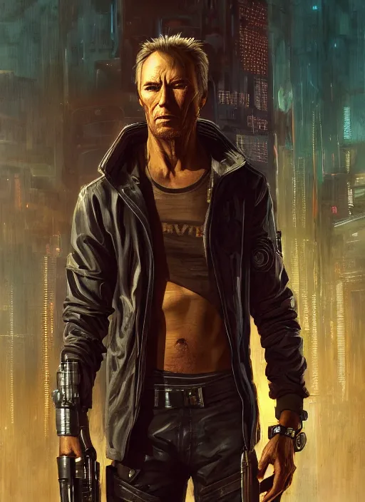 Image similar to clint eastwood. cyberpunk mercenary in a cyberpunk jumpsuit ( blade runner 2 0 4 9, cyberpunk 2 0 7 7 ). orientalist portrait by john william waterhouse and james gurney and theodore ralli and nasreddine dinet, oil on canvas. cinematic, hyper realism, realistic proportions, dramatic lighting, high detail 4 k