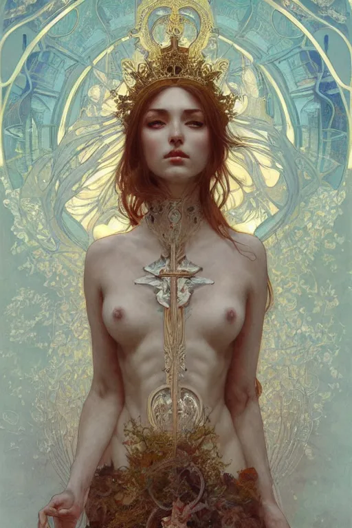 Image similar to a full body portrait of a beautiful ethereal delicate mage queen meditative sacral pose catholic stages of the cross, intricate, elegant, highly detailed, digital painting, artstation, concept art, smooth, sharp focus, illustration, art by krenz cushart and artem demura and alphonse mucha