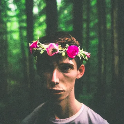 Image similar to close up kodak portra 4 0 0 photograph of a skinny guy standing in a dark forest, flower crown, flower covering mouth, moody lighting, telephoto, 9 0 s vibe, blurry background, vaporwave colors, faded!,