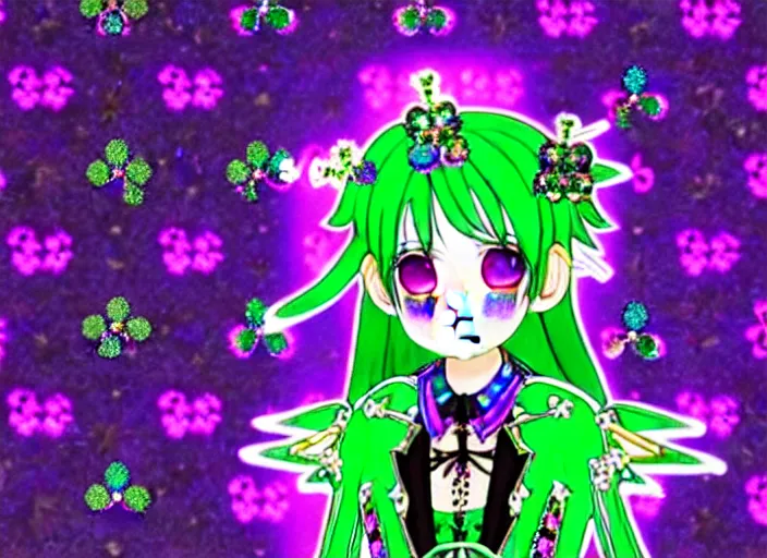 Prompt: baroque bedazzled gothic royalty frames surrounding a hologram of decora styled green haired yotsuba koiwai wearing a gothic spiked jacket, background full of lucky clovers, crosses, and shinning star doodles, holography, irridescent