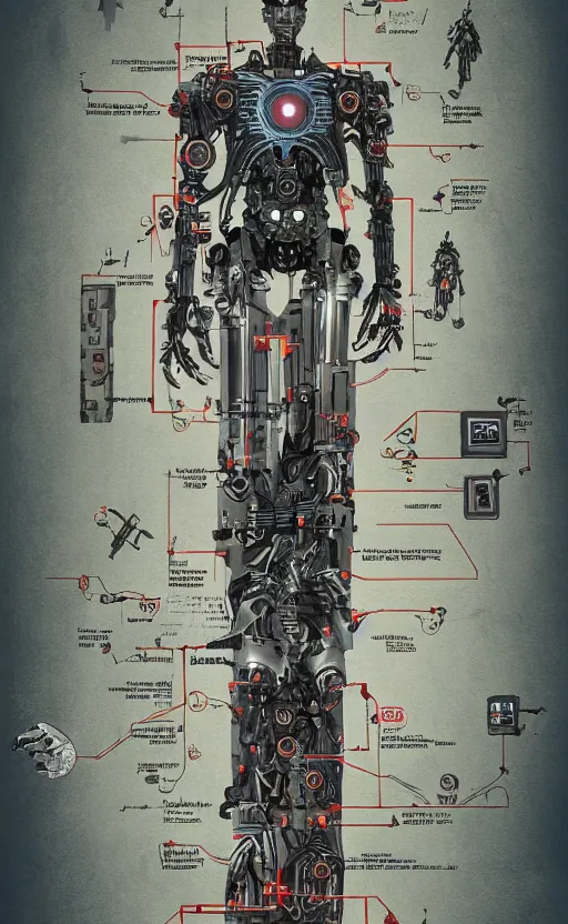 Prompt: anatomy of the terminator, robot, cyborg, t100, bloodborne diagrams, mystical, intricate ornamental tower floral flourishes, rule of thirds, technology meets fantasy, map, infographic, concept art, art station, style of wes anderson