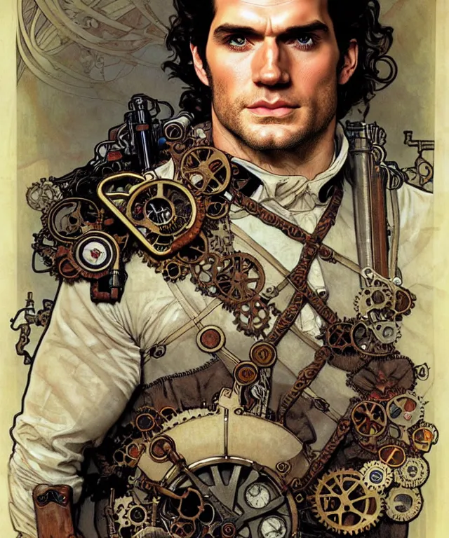 Prompt: realistic detailed head and shoulders portrait of henry cavill as a steampunk adventurer by alphonse mucha, ayami kojima, amano, greg hildebrandt, and mark brooks, male, art nouveau, neo - gothic, gothic