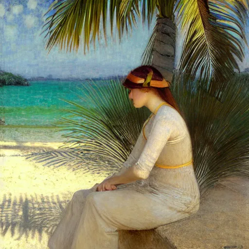 Image similar to a ultradetailed beautiful painting of a girl in the amazonas palace designed by jules bastien - lepage, hans belmer, frank weston and gustave baumann, beach, trending on artstation, mediterranean, palm trees, refracted color sparkles, sharp focus, soft light, 8 k 4 k