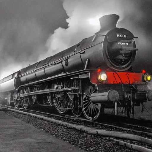 Image similar to A hyperdetailed photograph of the Flying Scotsman on the rails producing lots of black smoke in an old timey city, night, dense fog, rain, HD, 8K resolution