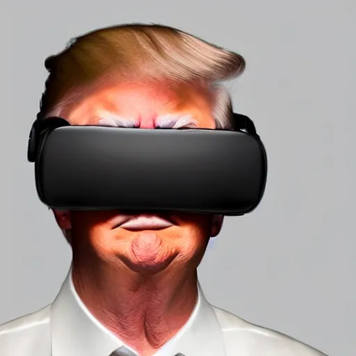 Image similar to Donald Trump wearing a large virtual reality headset, futuristic, full Body portrait