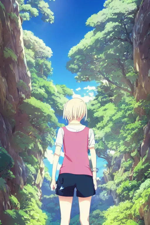 Prompt: anime key visual style cel shaded girl in an anime world, incredibly detailed, ultra realistic, down left arm and back, wearing a vest top, white shorts and hiking boots, stood in sunshine in front of a door, 4k, anime key visual, lois van baarle, ilya kuvshinov, rossdraws, pixiv