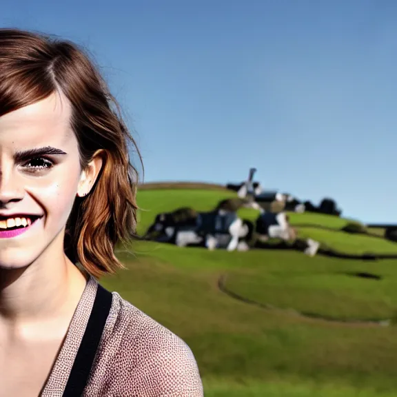 Prompt: Joyful!!! smiling Emma Watson wearing cyborg prosthetic in the style of Her (2013). Clear Hands. Clear body. Clear Clothes. Hobbiton as Background. Cinematic. Professional Photo. UHD. 8k. Clear Face.