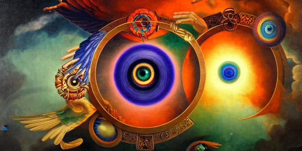 Image similar to painting of rainbow ophanim surrounded by large diagonally rotating rings, ophanim has bird wings, giant eyeball in the middle of the ophanim, by roberto ferri, amazing details, mythological, biblical, beautiful composition