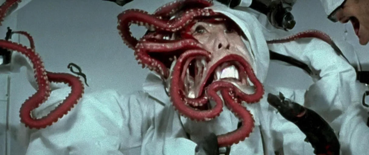 Prompt: filmic extreme close up shot movie still 4 k uhd interior 3 5 mm film color photograph of solidier screaming being grabbed by a scientist with tentacles in a bloody lab coat in a lab in antartica, 1 9 8 2