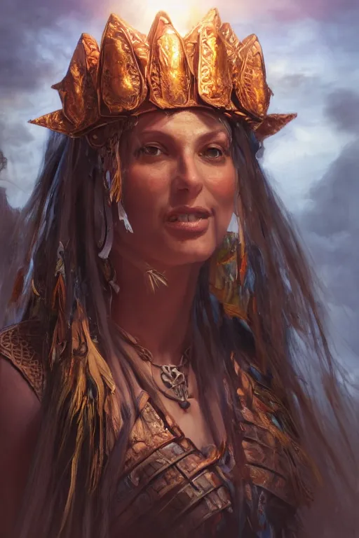 Prompt: portrait, exotic shaman priestess, landscape, alex ross, david finch, concept art, matte painting, highly detailed, rule of thirds, dynamic lighting, cinematic, detailed, denoised, centerd