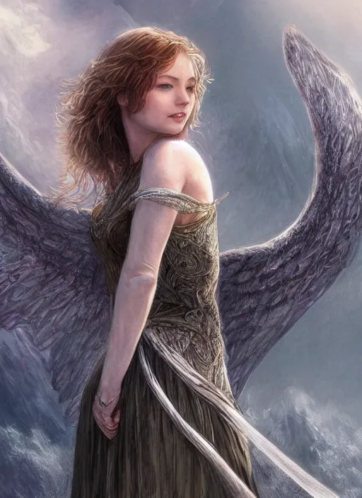 Image similar to full body portrait of a beautiful women with wings of lace in a lord of the rings scenery landscape, by artgerm, sunny day, highly detailed, perfect lighting, perfect composition, 4 k, by alan lee, by derek zabrocki, by greg rutkowski