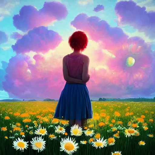 Image similar to face made of giant daisies, girl standing barefoot in a flower field, holding flowers, surreal photography, sunrise dramatic light, impressionist painting, colorful clouds, large sky, digital painting, artstation, simon stalenhag, flower face