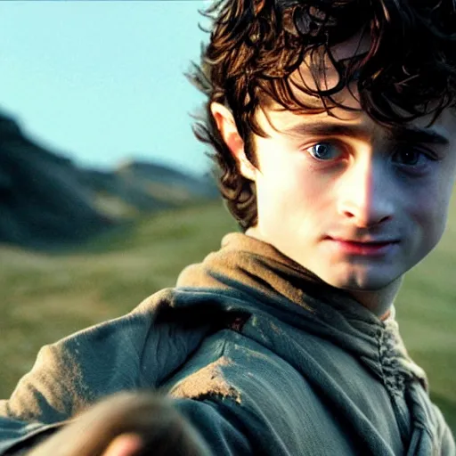 Image similar to Film still of a young Daniel Radcliffe as Frodo in Lord of the Rings: The Return of the King, wide shot, small eyes