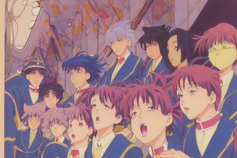 Image similar to cel shaded study of a group of children in a magical academy, anime, key visual of anime with intricate linework, in the stlye of moebius, ayami kojima, 90's anime, retro fantasy