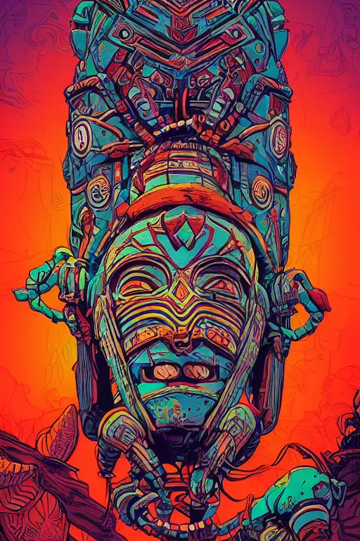 Image similar to totem animal tribal chaman vodoo mask feather gemstone plant wood rock video game illustration vivid color borderlands by josan gonzales and dan mumford radiating a glowing aura