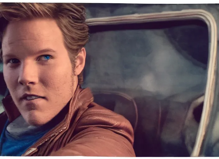 Image similar to a very high resolution image from a new movie, starlord. driving around. inside of a car. mountains, polaroid, directed by wes anderson