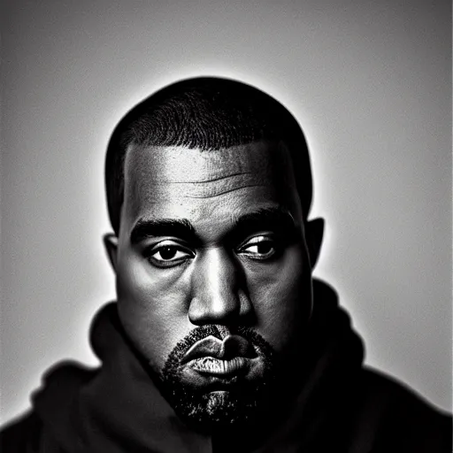 Image similar to a chiaroscuro lighting portrait of kanye west dressed as rick owens, black background, portrait by julia margaret cameron, shallow depth of field, 8 0 mm, f 1. 8