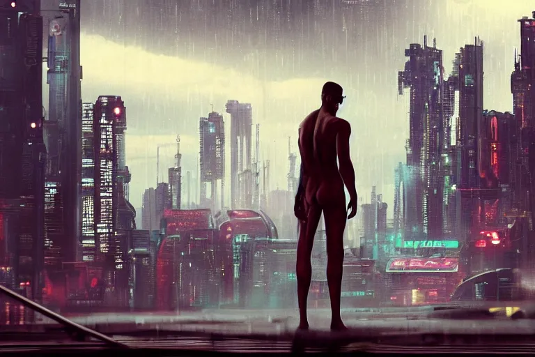 Prompt: cinematography of buff cyberpunk man by Emmanuel Lubezki