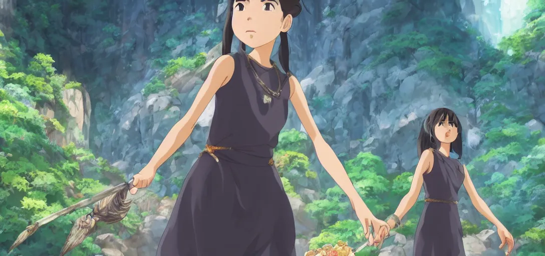 Image similar to Full body portrait of a Himalayan woman in a sleeveless dress, casting a spell on a giant crystal in a cave, detailed, artstation, by Kyoto Animation and Studio Ghibli, by Makoto Shinkai and Ilya Kuvshinov