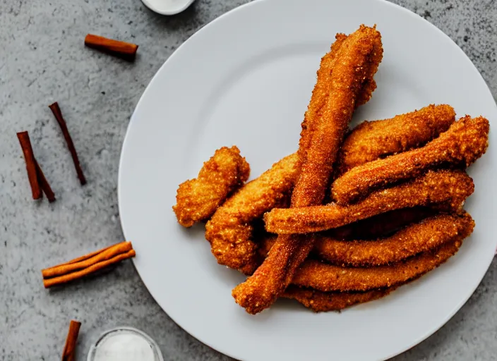 Prompt: dslr food photograph of churro chicken tenders sprinkled with cinnamon, 8 5 mm f 1. 8