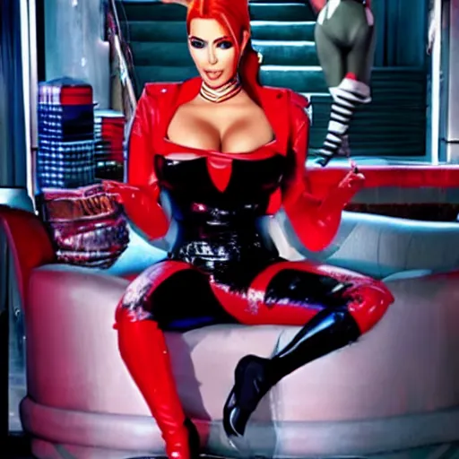 Prompt: kim kardashian as harley quinn, body tight outfit, movie poster,