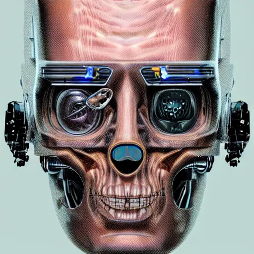 Image similar to super detailed portrait of a terminator's head, packed with cybernetics and and borg enhancements