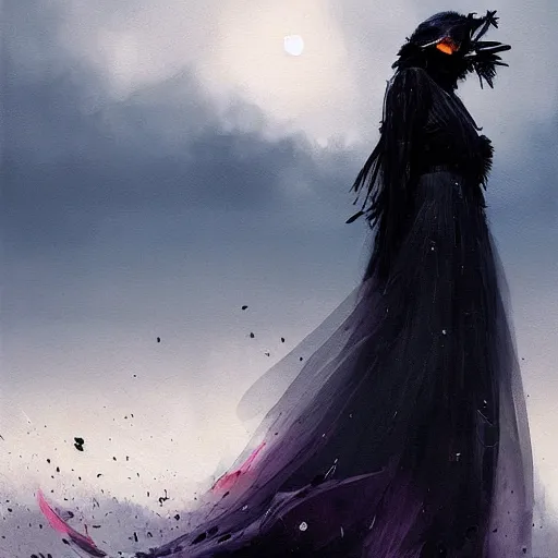 Image similar to morning, a woman in a black dress with a raven head. no face. sun, cinematic, clouds, vogue cover style, contracting colors mood, realistic painting, intricate oil painting, high detail, figurative art, poster art, by simon bisley, ismail inceoglu, wadim kashin, filip hodas. pixar theme.