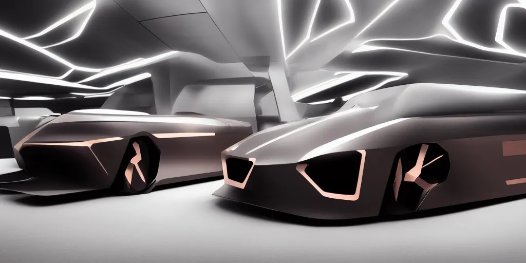 Prompt: a design of a futuristic vehicle, designed by Polestar, blade runner background, brushed rose gold car paint, black windows, dark show room, dramatic lighting, hyper realistic render, depth of field