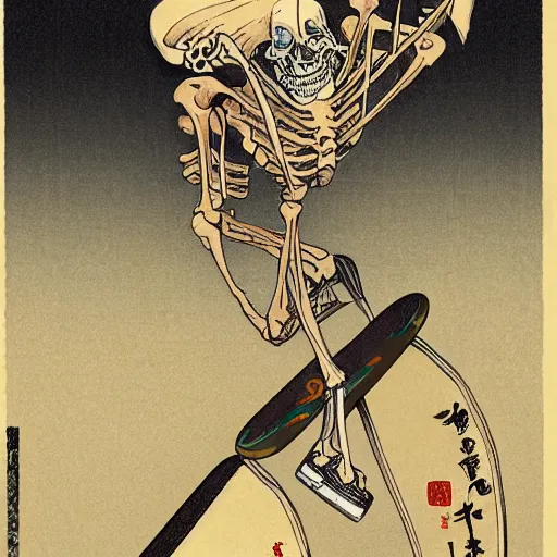 Image similar to A skeleton rides a skateboard, ukiyo-e, highly detailed, trending on artstation, 8k,