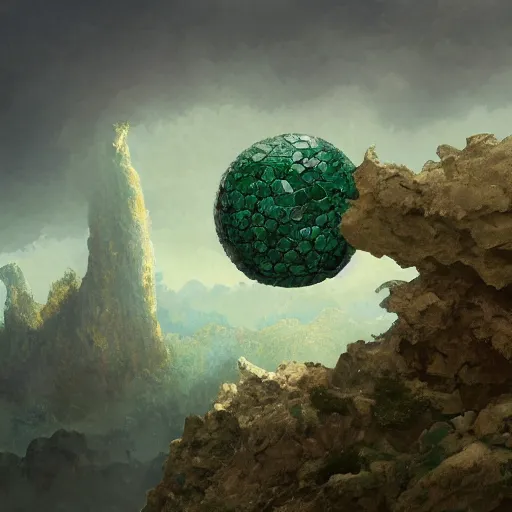 Image similar to a small ball made of rock and jagged green crystals, digital painting, artstation, concept art, soft light, hdri, smooth, sharp focus, illustration, fantasy, intricate, elegant, highly detailed, D&D, matte painting, in the style of Greg Rutkowski and Alphonse Mucha and artemisia, 8k, highly detailed, jurgens, rutkowski, bouguereau, pastoral, rustic, georgic