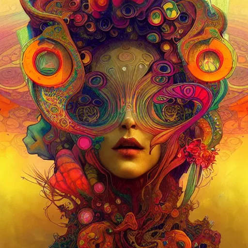 Image similar to An extremely colorful psychedelic experience, warping time and space, magic mushrooms, psilocybin, LSD, face, detailed, intricate, elegant, highly detailed, digital painting, artstation, concept art, smooth, sharp focus, illustration, art by Krenz Cushart and Artem Demura and alphonse mucha