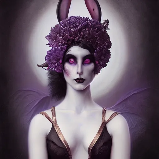 Prompt: tom bagshaw, soft painting fractal curiosities carnival, very beautiful mutated human female rabbit in full ornated nightshade gothic dress, accurate features, focus, very intricate ultrafine details, black white purple volumetric clouds, award winning masterpiece, octane render 8 k hd