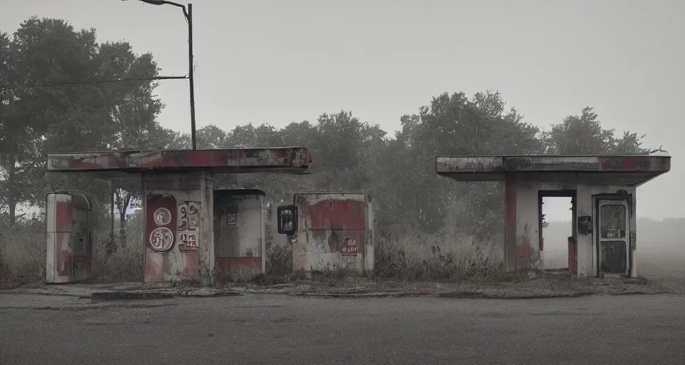 Image similar to Old abandoned gas stations on the side of the road to nowhere, evil, demonic, enchanting, misty, haze, cloudy, angelic, flowers, nature, environment concept, cinematic, cgsociety, dim and dark lighting, cinematic, intricate details, 8k detail post processing, hyperealistic, photo realism, by Stephen King