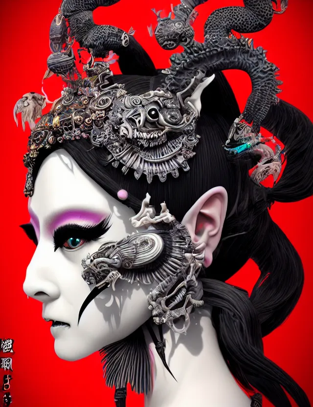 Image similar to 3 d goddess close - up profile portrait punk with mohawk in victorian style with ram skull. beautiful intricately detailed japanese crow kitsune mask and clasical japanese kimono. betta fish, jellyfish phoenix, bio luminescent, plasma, ice, water, wind, creature, artwork by tooth wu and wlop and beeple and greg rutkowski