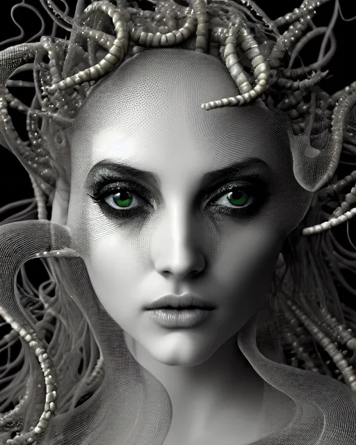 Image similar to surreal mythical dreamy underwater artistic black and white 3 d render of a translucent beautiful young female angelic - medusa - vegetal - doll with her face covered with fish scales, highly detailed, intricate crystal ivy jelly fish scales ornate, poetic, translucent algae ornate, digital art, octane render, 8 k artistic photography, photo - realistic, hg giger flora borsi