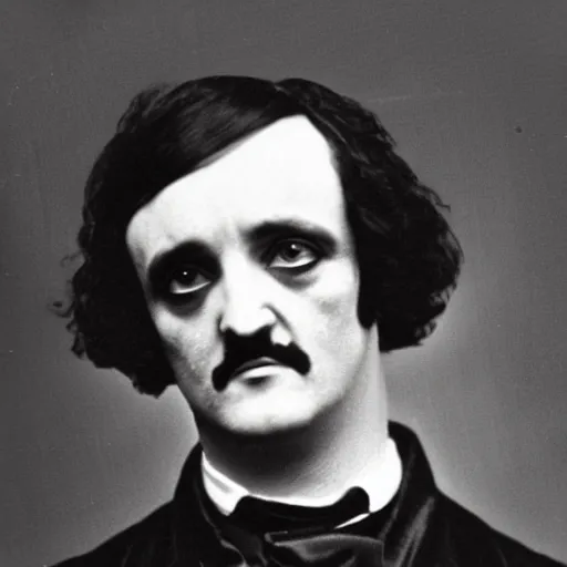 Prompt: Edgar Allan Poe in goth clothing and makeup. Realistic, vintage photo.