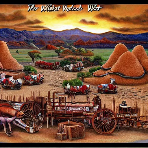 Image similar to The wild west dessert, by rowena morrill, extreme detail, wide angle, long shot