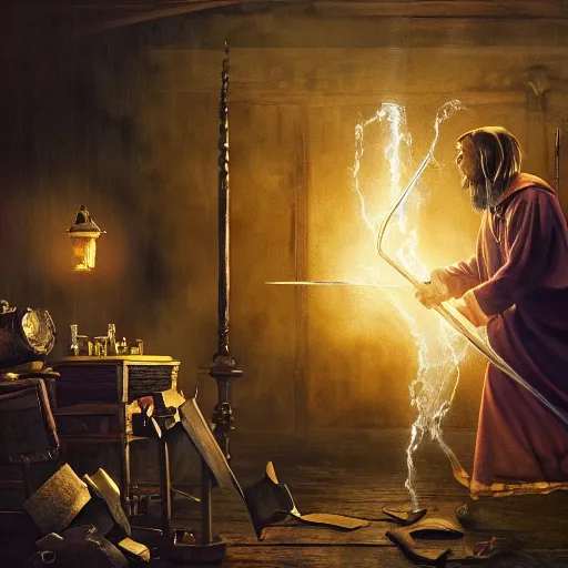 Image similar to a beautiful panting of a dark wizard casting spell, alchemist lab, hyperrealistic, cinematic atmosphere, epic