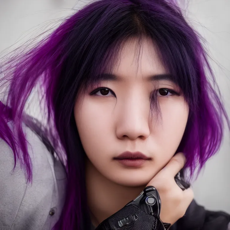 Prompt: Close up portrait of a young Asian Cyberpunk woman with dark purple hair, highly detailed, high quality, HD, 4K, 8K, Canon 300mm, professional photographer, 40mp, lifelike, top-rated, award winning, realistic, sharp, no blur, edited, corrected, trending