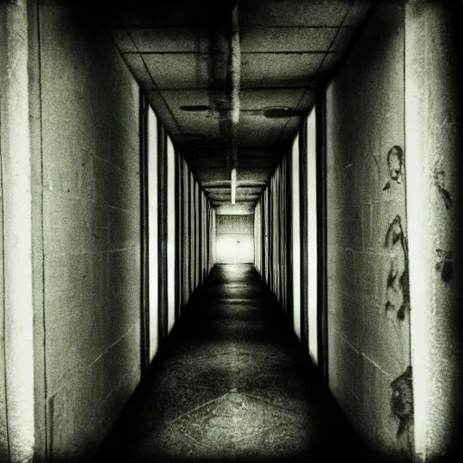 Prompt: underground facility, scp, horror, corridor, dark, futuristic, polaroid photgraphy