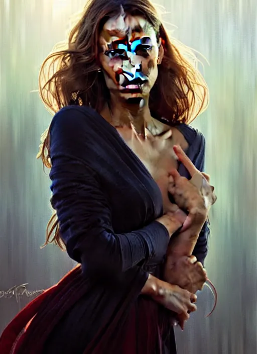 Image similar to half Jessica Alba half Nathalie Portman half scarlett johansonna pure seductive angel, full body portrait, slight smile, diffuse natural sun lights, autumn lights, highly detailed, digital painting, artstation, concept art, sharp focus, illustration, art by wlop and greg rutkowski and alphonse mucha and artgerm