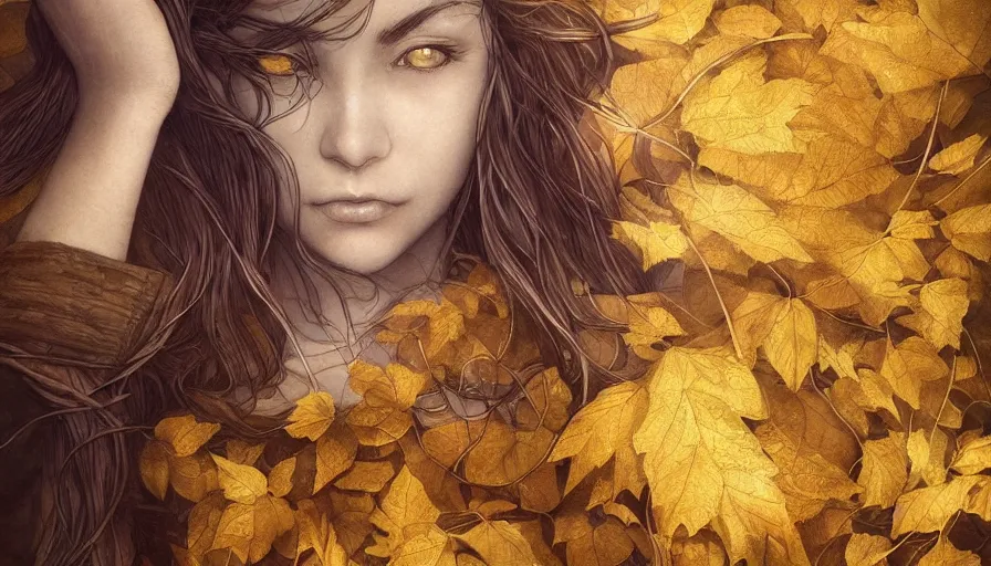 Image similar to golden leaves at frame border, creative!!! composition for a book cover!!!, absurdly beautiful, ultrafine hyperrealistic detailed old!! witch face by wlop and artgerm and greg rutkowski, intricate linework, sharp focus, smooth, octopath traveler, final fantasy, unreal engine, dramatic lighting, ethereal, 8 k