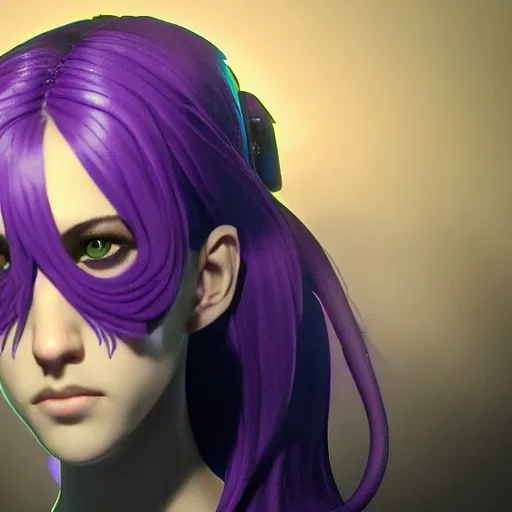 Image similar to artstation young teen with purple eyes and very thin purple tentacles on her head, furious, very detailed, portrait, high contrast, unreal engine 5