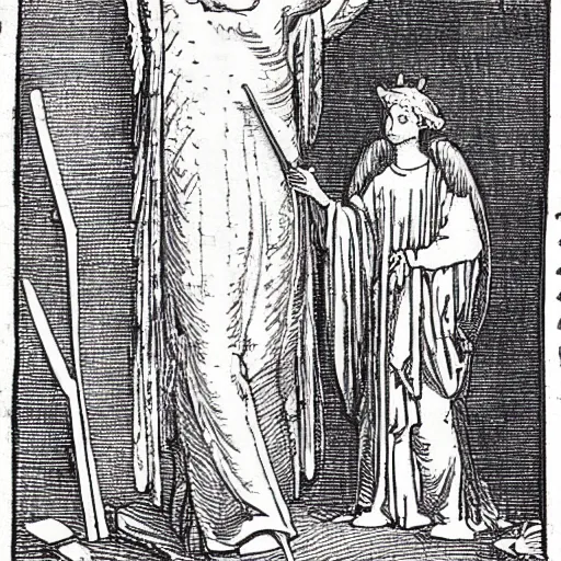 Prompt: a medieval woodcut of an angel taking a selfie with a selfie stick in the style of gustave dore