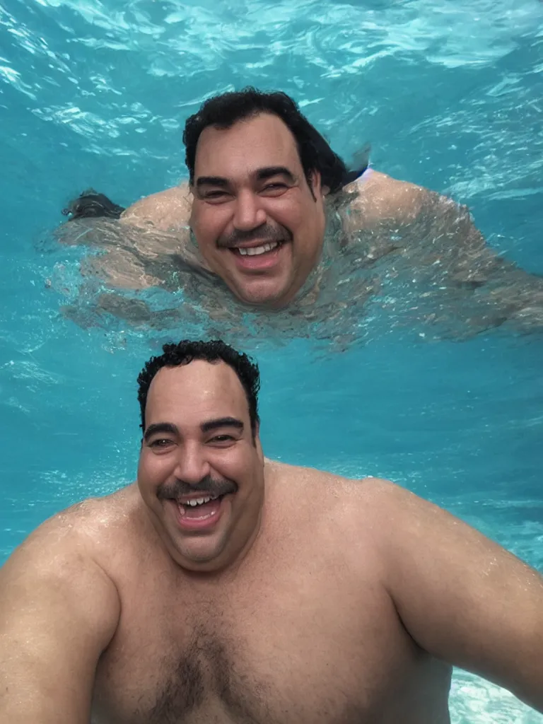 Image similar to a middle aged man, bulky build, black curly hair, receding hairline, thick dark eyebrows, big lips, smiling, small eyes, no beard, swimming at the bottom of the sea